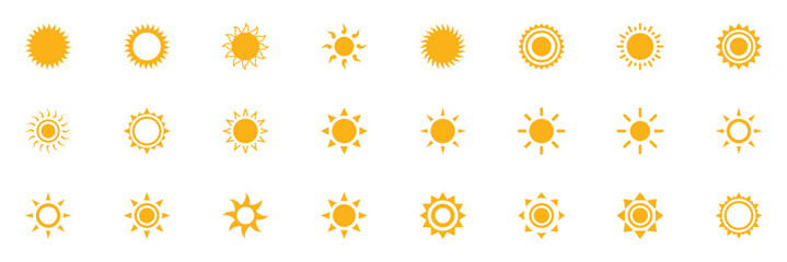 Yellow sun icon set with wavy rays isolated on white background. Simple summer weather symbol design. Yellow simple sun, hot summer weather symbol, heatstroke caused by sunlight