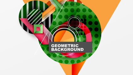 Aufkleber - Abstract geometric design. Overlapping shapes create vibrant, modern composition. Green, orange, red, black dominate visual space.