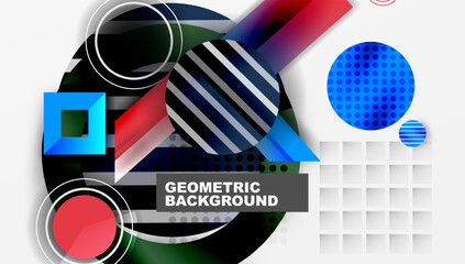 Aufkleber - Abstract geometric composition. Overlapping shapes, vibrant colors, modern design. Circles, squares, lines create dynamic visual effect.