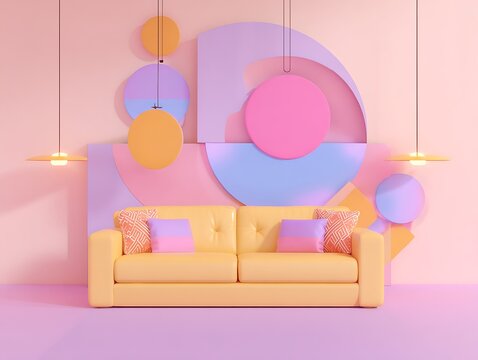 Pastel geometric interior with stylized sofa