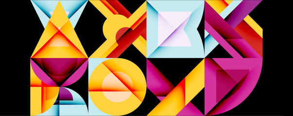 Aufkleber - Abstract geometric composition. Colorful shapes overlap, creating dynamic visual texture. Bright hues dominate dark background.