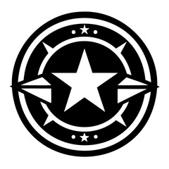Poster - A black and white emblem featuring a central star surrounded by geometric shapes and stars in a circle on transparent background