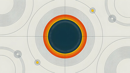 Poster - Intricate Geometric Cosmic Pattern of a Celestial Event with a Dark Center Surrounded by Orange and Yellow Rings and Outer Circular Orbiting Elements