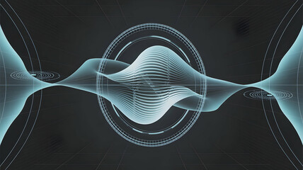Poster - Abstract Digital Waveform Visualization Showing Interconnected Energy Frequencies with a Central Nucleus and Expanding Ripple Effects