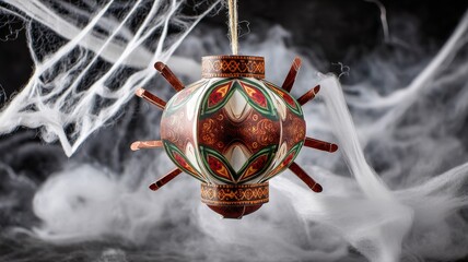 Poster - Intricately Designed Lantern with Colorful Patterns Hanging Against Smoky Background