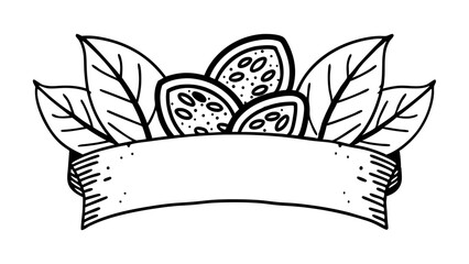 Poster - Illustration of leaves and sliced fruits with seeds behind a blank banner ready for text created with generated ai