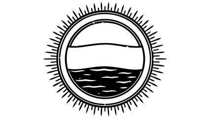 Poster - Illustration of a circular emblem with a horizon line and water surrounded by radiating lines created with generated ai