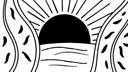 Aufkleber - Black and white drawing of a sun rising over water with decorative borders on either side of the scene created with generated ai