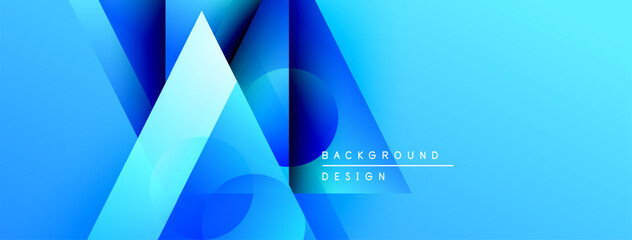 Poster - Abstract blue gradients form dynamic shapes. Modern design suggests technology, innovation, clean aesthetics. Background features text elements.