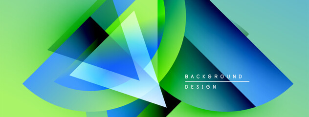 Poster - Abstract geometric shapes overlap, creating vibrant green, blue gradients. Modern design elements suggest dynamic movement, visual energy.