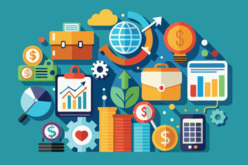 Poster - Creative business finance concept featuring charts and symbols in a colorful design representing growth and analysis