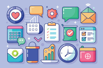 Poster - Colorful digital icons representing various business and communication activities, capturing modern technology and productivity themes