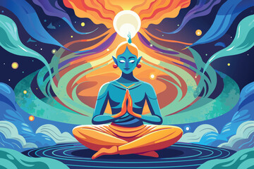 Poster - Meditating figure surrounded by vibrant colors and cosmic elements in a serene setting