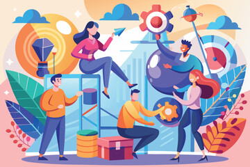 Poster - Creative team collaborating on innovative projects in a modern workspace with colorful design elements and tech tools