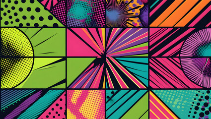 Poster - Vibrant Psychedelic Collage of Geometric Shapes and Abstract Patterns in a Grid Layout