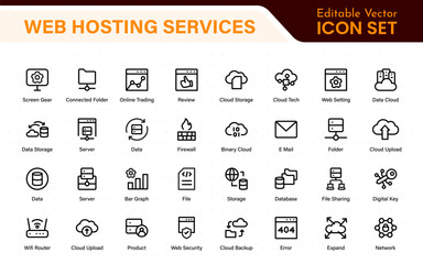 Fototapete - Set of web hosting and cloud services icons. Linear style icon bundle.Outline icon collection.