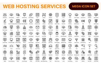 Fototapete - Set of web hosting and cloud services icons. Linear style icon bundle.Outline icon collection.