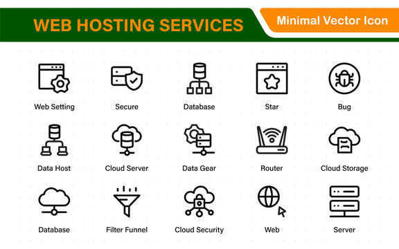 Set of web hosting and cloud services icons. Linear style icon bundle.Outline icon collection.