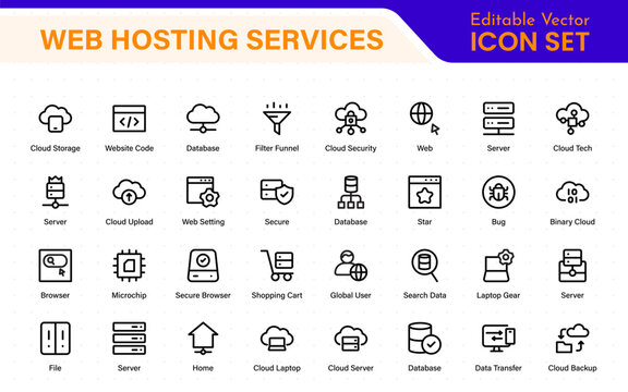 Set of web hosting and cloud services icons. Linear style icon bundle.Outline icon collection.