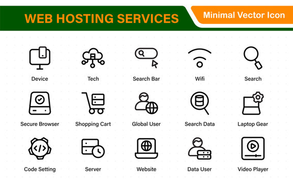 Set of web hosting and cloud services icons. Linear style icon bundle.Outline icon collection.