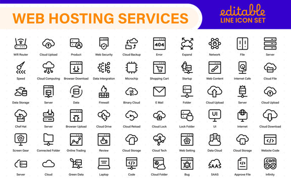 Set of web hosting and cloud services icons. Linear style icon bundle.Outline icon collection.