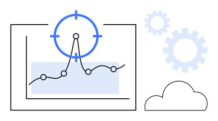 Poster - Line chart with target over peak, gears, and cloud. Ideal for business strategy, data analysis, precision, optimization, technology cloud computing performance tracking. Simple flat metaphor
