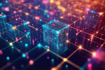 Fototapete - Exploring the intricate world of technological graphics with glowing cubes and colorful patterns in a vibrant digital space