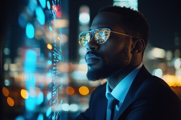 Poster - Businessman utilizing artificial intelligence technology to analyze data at night with city skyline in the background