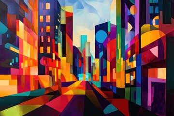 Poster - Abstract cityscape showcasing vibrant geometric patterns with bright colors illuminating the streets and buildings under a blue sky
