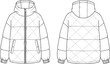 © merajul - Puffer jacket technical drawing, quilted winter coat fashion flat, front and back sketch, hooded padded outerwear with zipper detailillustration