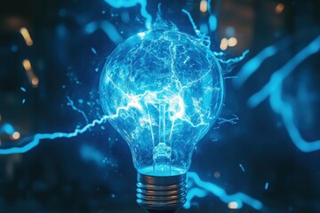Poster - Bright blue static electricity energizing a light bulb creating a dynamic display of powerful energy in a dark environment