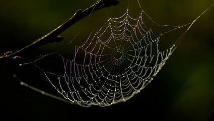Dew-covered spiderweb hanging from branch nature photography