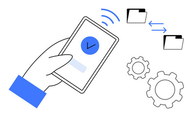 Wall Mural - hand holding smartphone with wireless checkmark, files exchanging data between folders, and gear sym