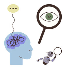 Poster - Tangled thoughts in a human brain, a robotic assistant using a magnifying glass, and a focused eye symbolize cognitive processes, artificial intelligence, innovation, and clarity. Ideal