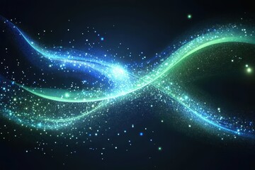 Poster - Colorful abstract light lines flow in wavy patterns creating a mesmerizing visual effect against a dark background filled with shimmering particles