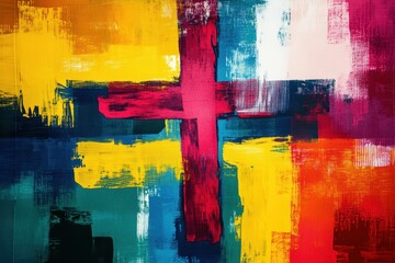 Poster - Vibrant abstract cross pattern showcasing bold colors and dynamic brush strokes in a contemporary artistic design
