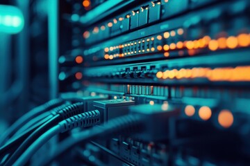 Poster - Close-up view of server rack network switches in a data center with illuminated LED indicators and connected cables among advanced computing equipment