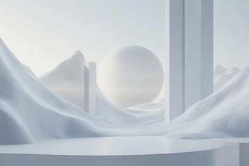 Poster - Futuristic landscape featuring sleek modern shapes and soft mountain forms illuminated by ambient light