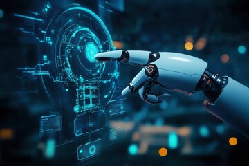 Poster - Businessman engages with cutting-edge artificial intelligence technology in a modern office environment