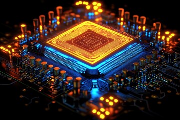 Poster - Futuristic microchip on advanced circuit board illuminated with vibrant colors and intricate components showcasing technology and innovation