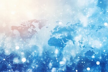 Poster - Digital world map on light blue background with connected dots representing global communication and networking