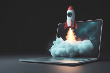 Aufkleber - Rocket launches from laptop with vibrant cloud and flames, symbolizing innovation and technology in a contemporary digital workspace