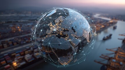 Poster - Global network connection visualized by a globe with glowing lights at a port night time
