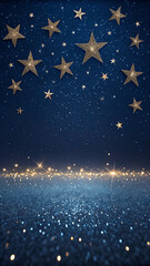 Wall Mural - Gold star background with glittery sparkles on a dark blue surface