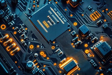 Poster - Electronic circuit board design showcasing intricate pathways, components, and connections illuminated by vibrant colors in a modern technological environment