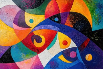 Poster - Colorful abstract painting featuring vibrant shapes and swirling patterns creating an energetic and dynamic visual experience in a contemporary art setting
