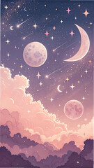 Wall Mural - Pastel Night Sky Illustration with Moons Stars and Clouds