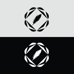 Poster - A feather inside a geometric frame creates a minimalist logo design isolated on white background