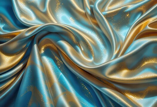 Beautiful silk fabric with golden patterns and a shimmering blue background for computer backgrounds