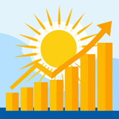 Poster - Optimistic Business Growth Chart with Golden Bars and Upward Arrow against a Sunny Sky Representing Progress and Financial Success